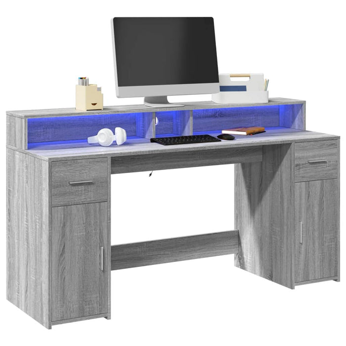 Birou cu lumini LED, gri sonoma, 160x55x91 cm, lemn prelucrat - WALTI WALTI