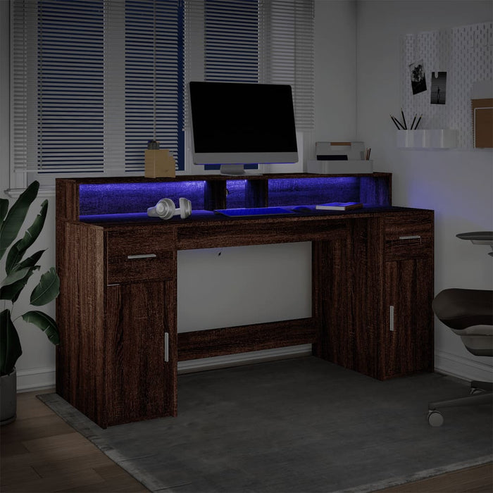 Birou cu lumini LED, stejar maro, 160x55x91 cm, lemn prelucrat - WALTI WALTI