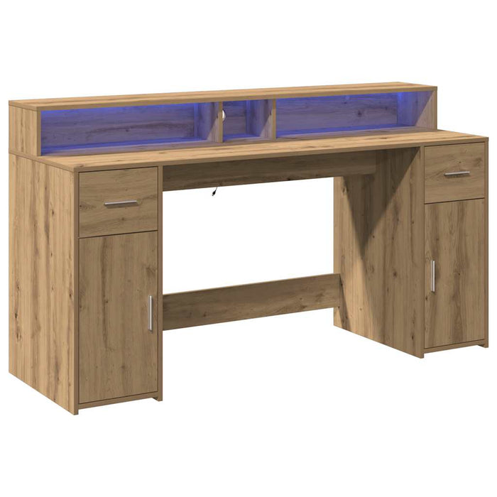 Birou cu lumini LED stejar artizanal 160x55x91cm lemn prelucrat - WALTI WALTI
