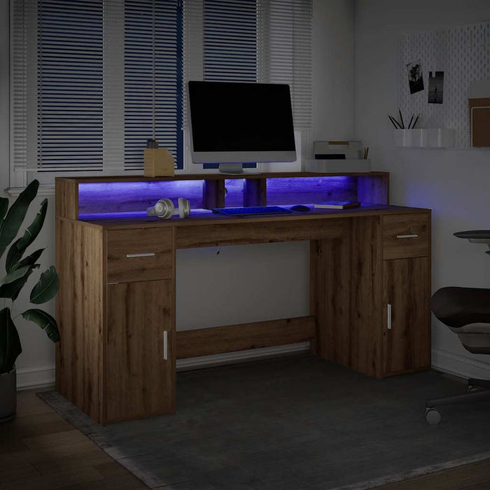 Birou cu lumini LED stejar artizanal 160x55x91cm lemn prelucrat - WALTI WALTI