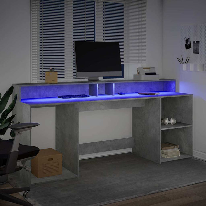 Birou cu lumini LED, gri beton, 200x55x91 cm, lemn prelucrat - WALTI WALTI