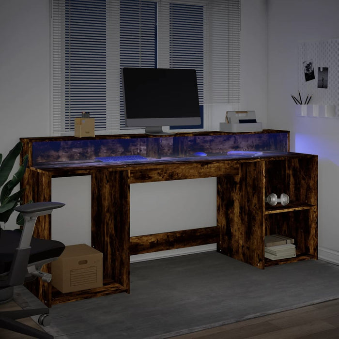 Birou cu lumini LED stejar fumuriu 200x55x91 cm lemn prelucrat - WALTI WALTI