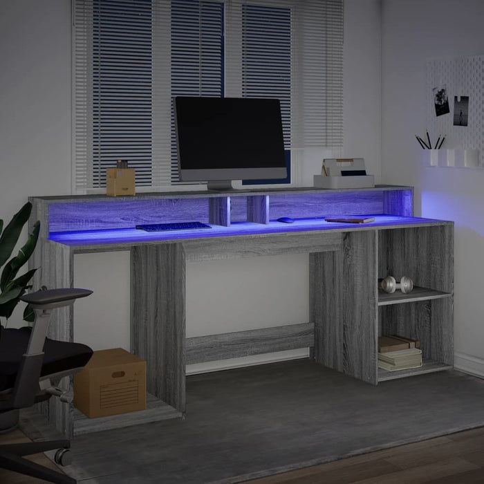 Birou cu lumini LED, gri sonoma, 200x55x91 cm, lemn prelucrat - WALTI WALTI