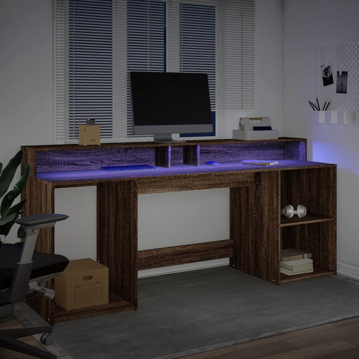 Birou cu lumini LED, stejar maro, 200x55x91 cm, lemn prelucrat - WALTI WALTI