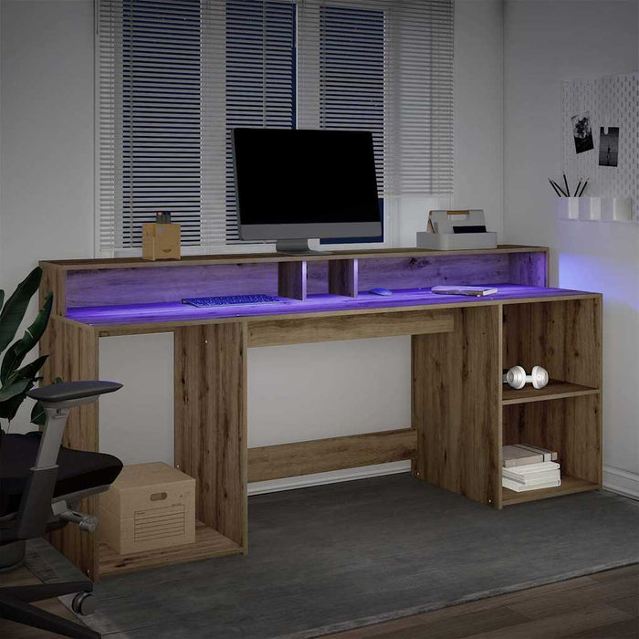 Birou cu lumini LED stejar artizanal 200x55x91cm lemn prelucrat - WALTI WALTI