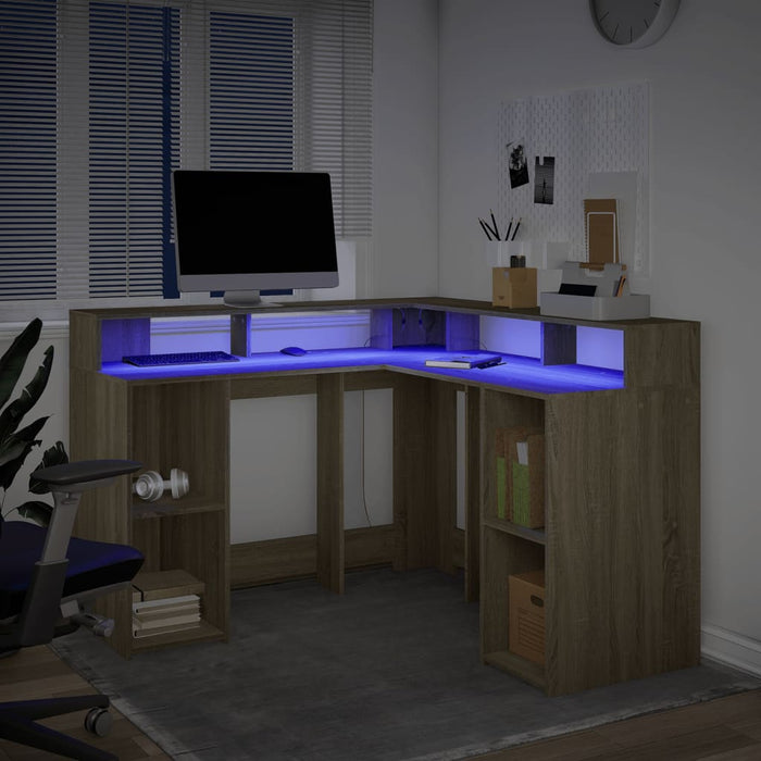 Birou cu lumini LED stejar sonoma 130x130x91 cm, lemn prelucrat - WALTI WALTI