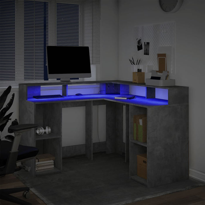 Birou cu lumini LED, gri beton, 130x130x91 cm, lemn prelucrat - WALTI WALTI