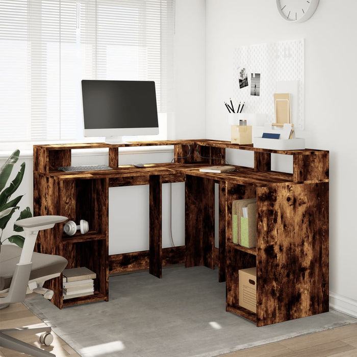 Birou cu lumini LED stejar fumuriu 130x130x91 cm lemn prelucrat - WALTI WALTI