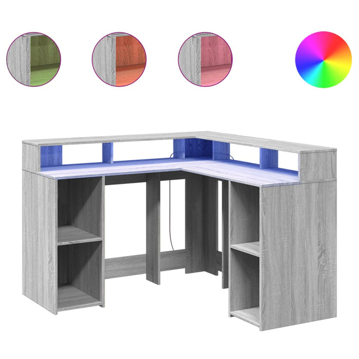 Birou cu lumini LED, gri sonoma, 130x130x91 cm, lemn prelucrat - WALTI WALTI