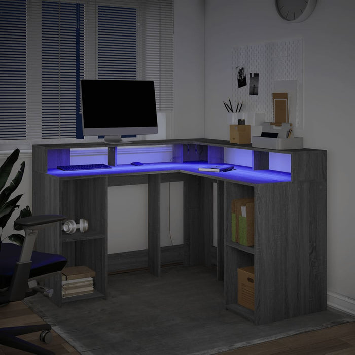 Birou cu lumini LED, gri sonoma, 130x130x91 cm, lemn prelucrat - WALTI WALTI