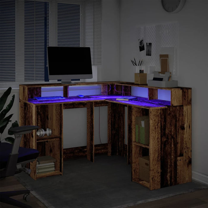 Birou cu lumini LED, lemn vechi, 130x130x91 cm, lemn prelucrat - WALTI WALTI