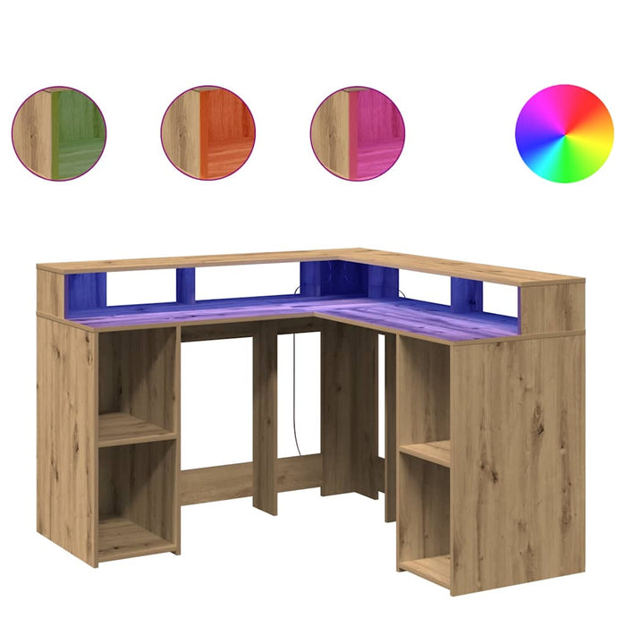Birou lumini LED stejar artizanal 130x130x91cm lemn prelucrat - WALTI WALTI