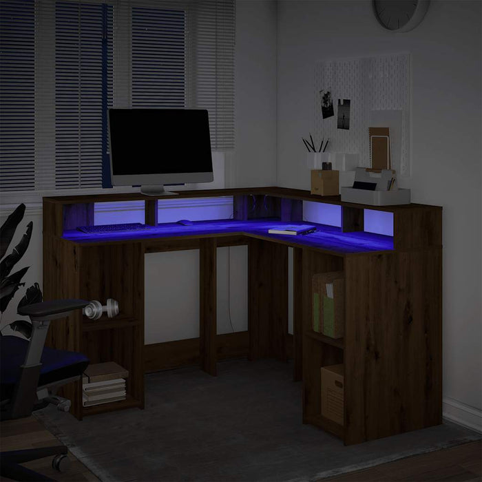 Birou lumini LED stejar artizanal 130x130x91cm lemn prelucrat - WALTI WALTI
