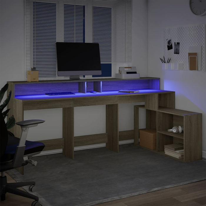 Birou cu lumini LED stejar sonoma, 200x104x91cm, lemn prelucrat WALTI
