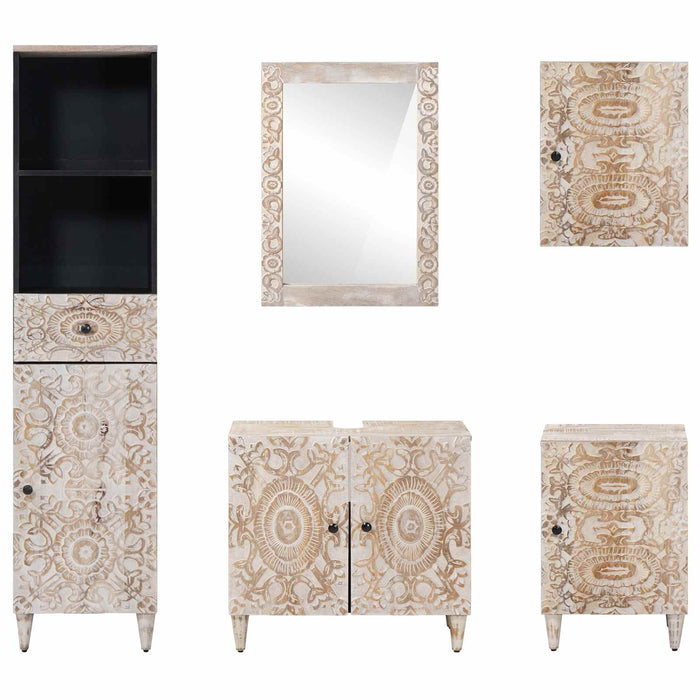 Set de mobilier pentru baie 5 pcs Alb Lemn de mango solid - WALTI WALTI