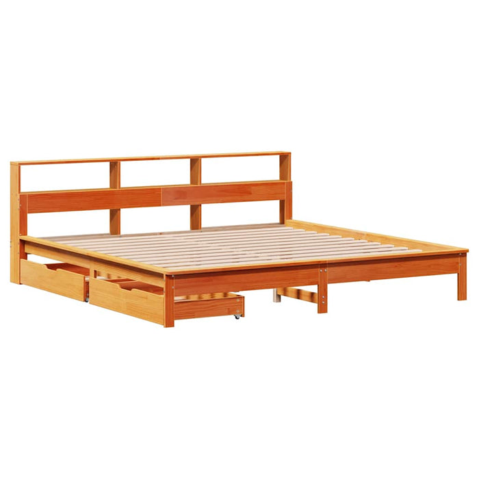 Pat cu bibliotecă fără saltea maro 200x200 cm lemn masiv de pin - WALTI WALTI