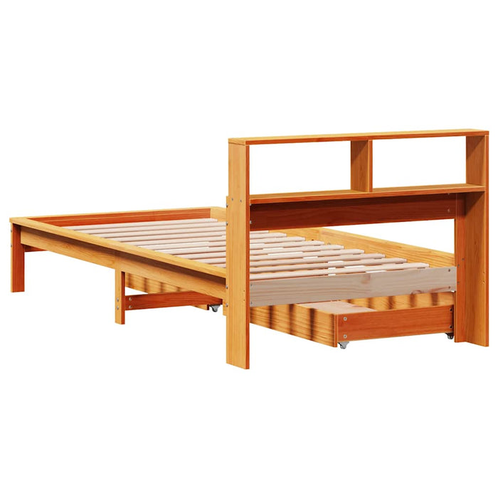 Pat cu bibliotecă fără saltea, maro, 90x200 cm, lemn masiv pin - WALTI WALTI