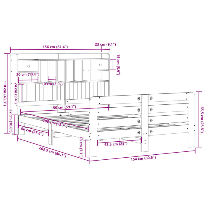 Pat cu bibliotecă fără saltea, alb, 150x200 cm, lemn masiv pin - WALTI WALTI