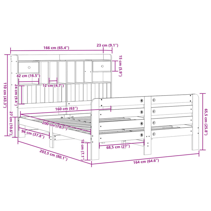 Pat cu bibliotecă fără saltea maro 160x200 cm lemn masiv de pin - WALTI WALTI