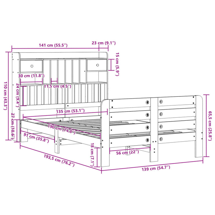 Pat cu bibliotecă fără saltea, alb, 135x190 cm, lemn masiv pin - WALTI WALTI