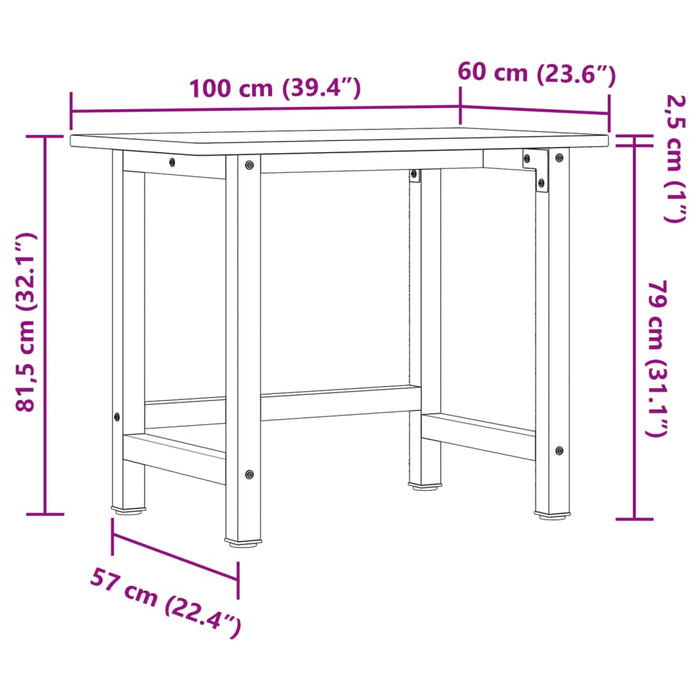 Banc de lucru 100x60x81,5 cm lemn masiv stejar, dreptunghiular WALTI