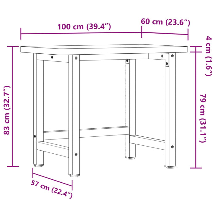 Banc de lucru 100x60x83 cm lemn masiv stejar, dreptunghiular WALTI