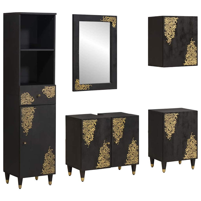 Set dulap baie cu sertar cu ușă 5 pcs Negru Lemn de mango solid - WALTI WALTI