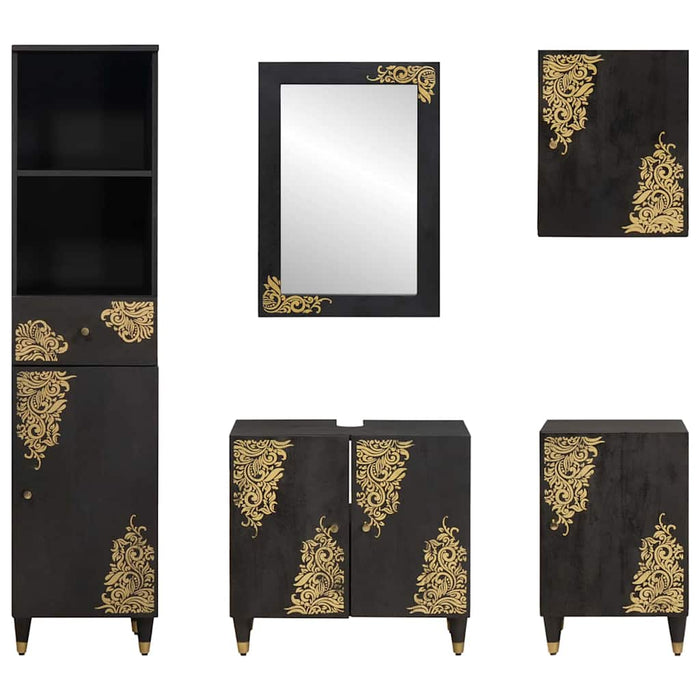 Set dulap baie cu sertar cu ușă 5 pcs Negru Lemn de mango solid - WALTI WALTI
