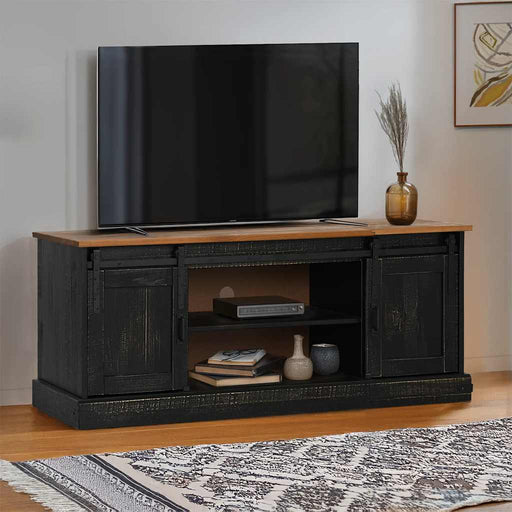 Dulap TV HALDEN 2 usi glisante negru 150x40x60 cm lemn masiv - WALTI WALTI