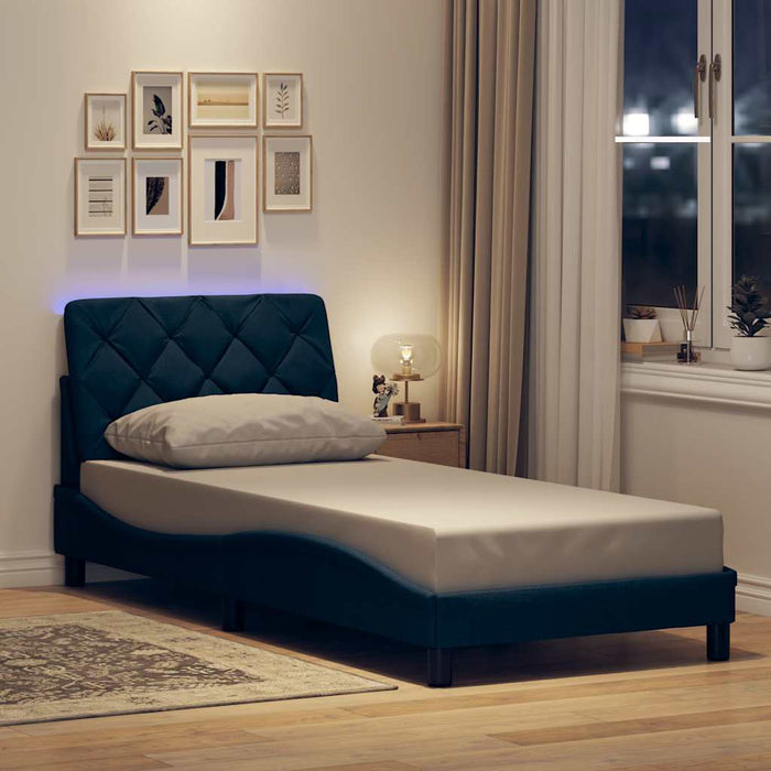 Cadru de pat cu LED fără saltea țesătură albastră 90x200 cm WALTI