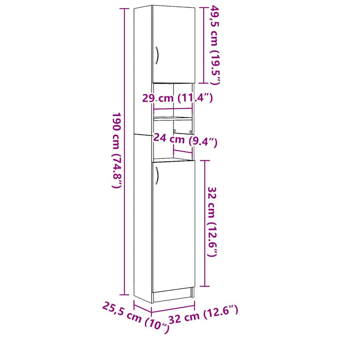 Dulap de baie, stejar artizanal, 32x25,5x190 cm, lemn prelucrat WALTI