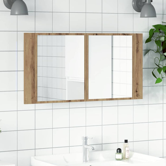 Dulap cu oglindă & LED stejar artizanal 90x12x45 cm lemn WALTI