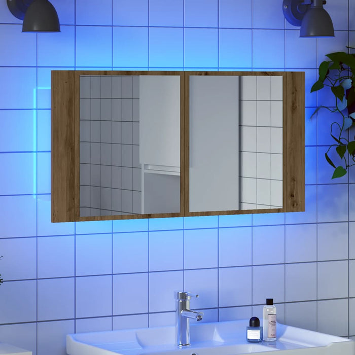 Dulap cu oglindă & LED stejar artizanal 90x12x45 cm lemn WALTI