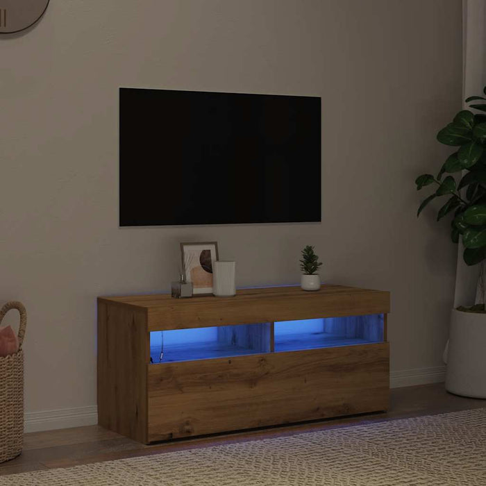 Dulap TV cu LED stejar artizanal 90x35x40 cm lemn prelucrat - WALTI WALTI