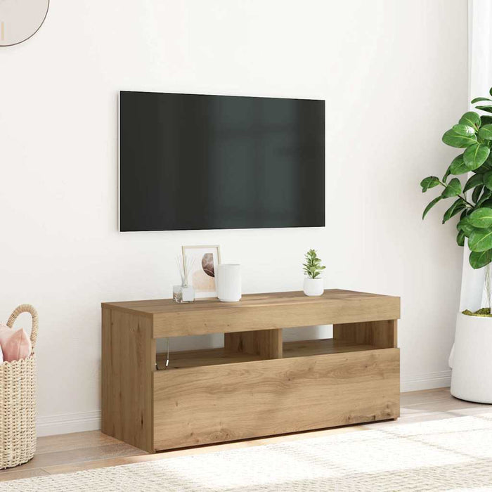 Dulap TV cu LED stejar artizanal 90x35x40 cm lemn prelucrat - WALTI WALTI