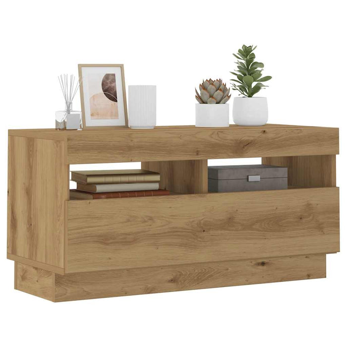 Dulap TV lumini LED stejar artizanal 80x35x40 cm lemn prelucrat - WALTI WALTI