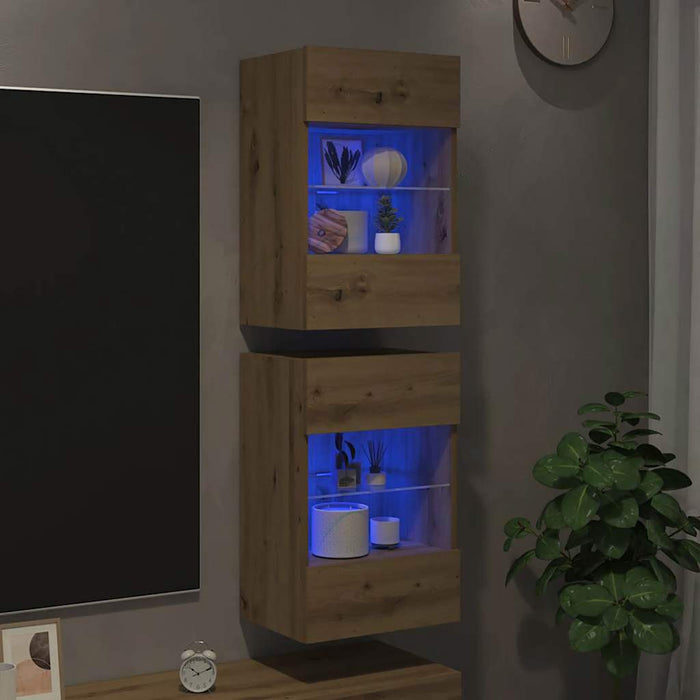 Comode de perete cu lumini LED pentru TV, 2 buc. Stejar artizanal 40x30x60,5 cm - WALTI WALTI