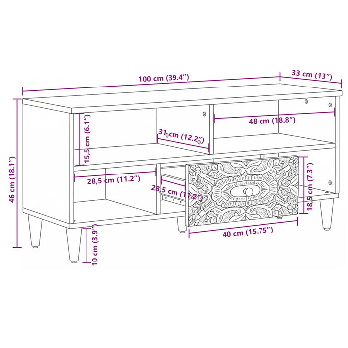 Cabinet TV cu sertar Alb 100 x 33,5 x 46 cm Lemn de mango solid - WALTI WALTI