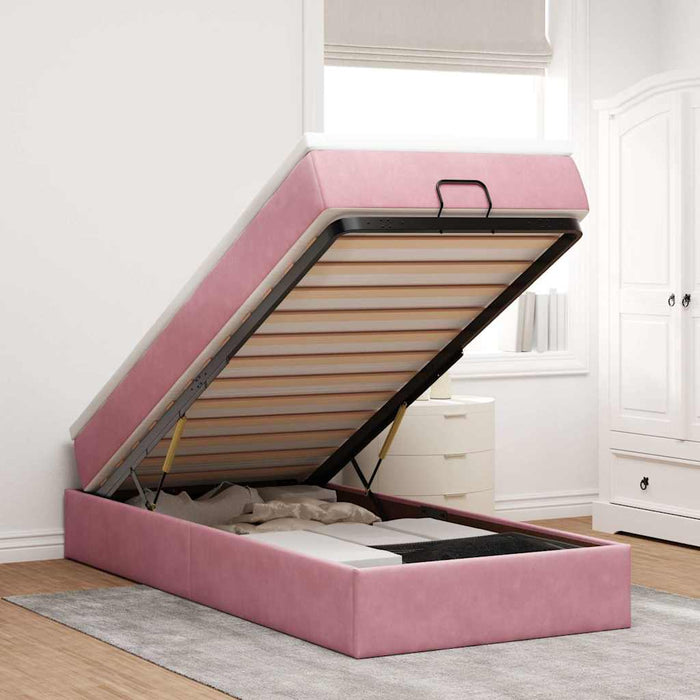 Cadru de pat otoman cu saltea, catifea roz 80x200cm - WALTI WALTI