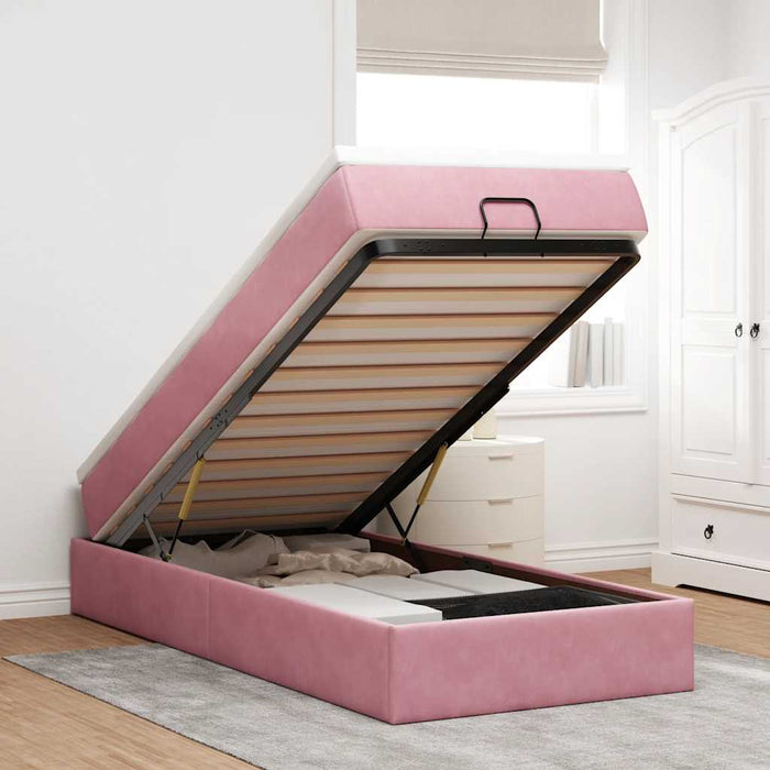 Cadru de pat otoman cu saltea, catifea roz 90x190cm - WALTI WALTI