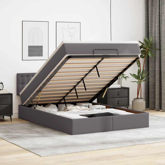 Cadru de pat otoman cu saltea gri 140x200cm piele artificială - WALTI WALTI