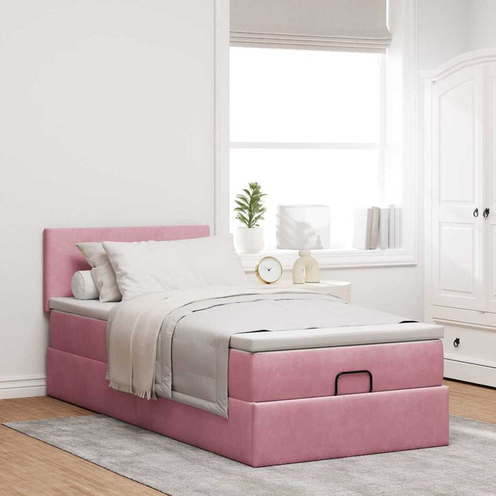 Cadru de pat otoman cu saltea, catifea roz 90x190cm - WALTI WALTI