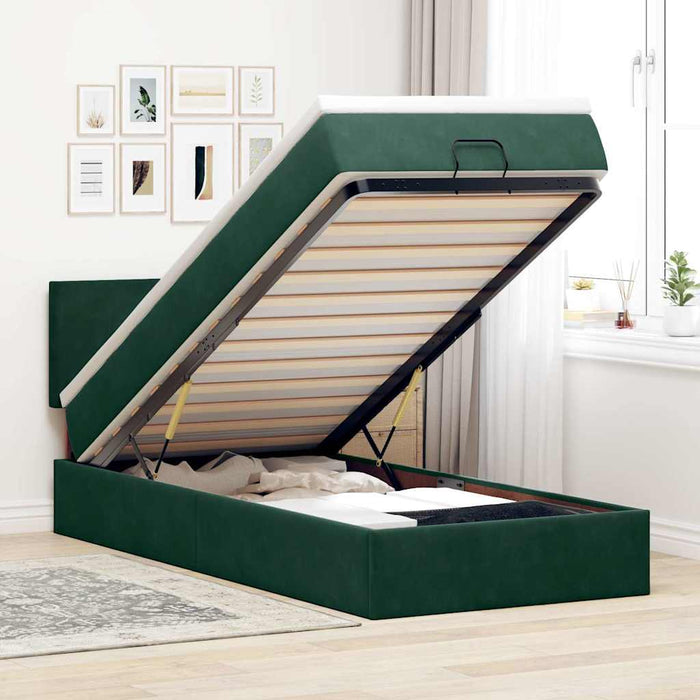 Cadru de pat otoman cu saltea verde închis 100x200cm catifea - WALTI WALTI