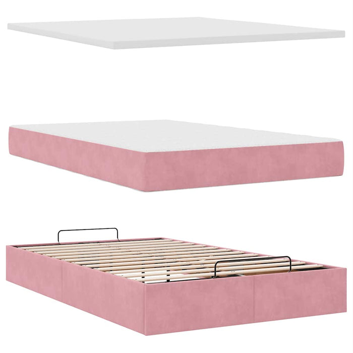Cadru de pat otoman cu saltea, catifea roz 120x200cm - WALTI WALTI