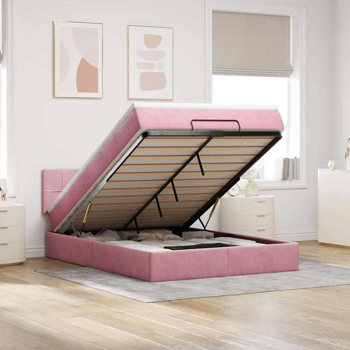 Cadru de pat otoman cu saltea roz 140x190cm catifea - WALTI WALTI