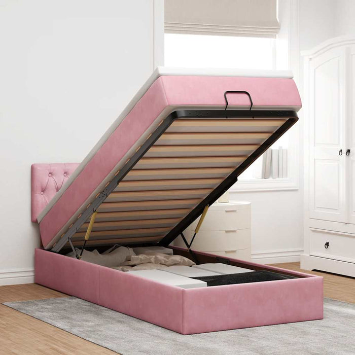 Cadru de pat otoman cu saltea roz 100x200cm catifea - WALTI WALTI