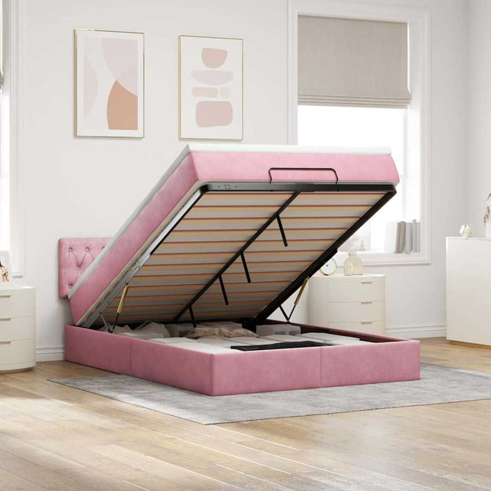Cadru de pat otoman cu saltea roz 140x190cm catifea - WALTI WALTI