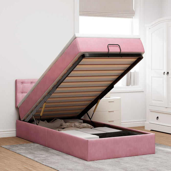 Cadru de pat otoman cu saltea, catifea roz 80x200cm - WALTI WALTI