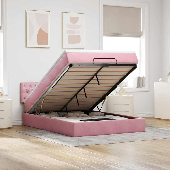 Cadru de pat otoman cu saltea roz 140x190cm catifea - WALTI WALTI