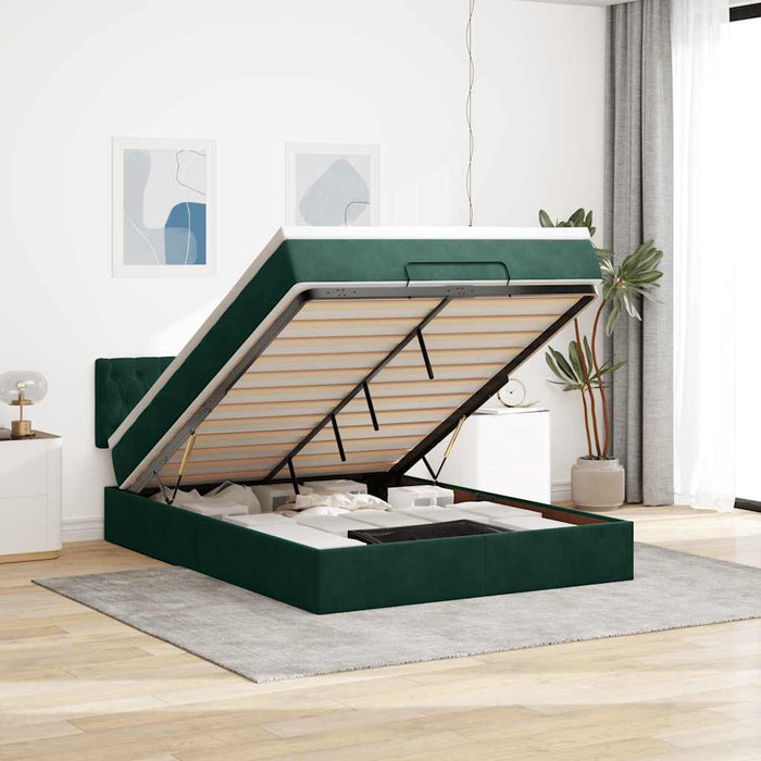 Cadru de pat otoman cu saltea verde închis 140x200cm catifea - WALTI WALTI